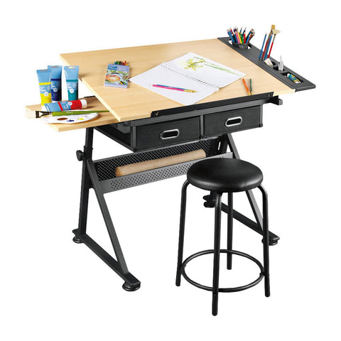 Modern Drawing Desk Station Adjustable Drafting Table Set Stool Chair